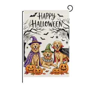 Halloween garden flag with cute golden retrievers in costumes and pumpkins for yard decor.