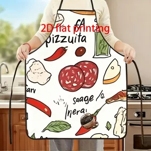 Kitchen cooking apron with fun pizza ingredients print, sleeveless cotton fabric, durable and practical.