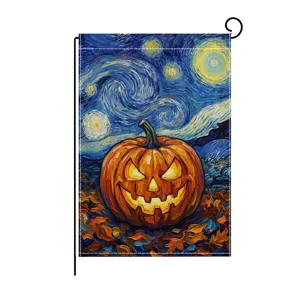 Halloween garden flag with starry night background and carved pumpkin for outdoor decor.