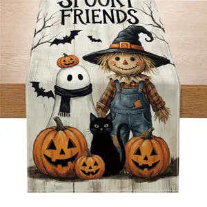 Halloween table runner detail showcasing spooky scarecrow, ghost, and black pumpkin print.