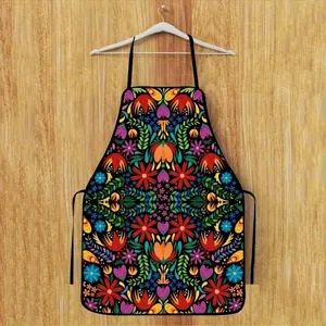 Colorful floral printed kitchen apron, traditional folk art style cooking bib for home use.