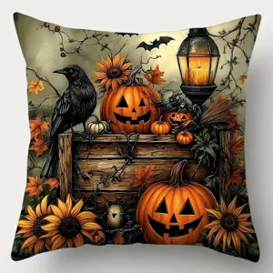 Halloween crow pumpkin lantern cushion cover detail design, spooky decorative throw pillow.