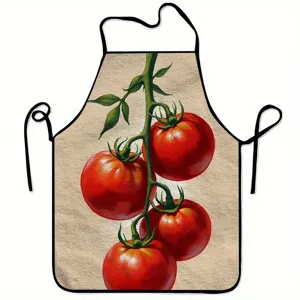 Detailaufnahme der Küchenschürze mit frischem Tomatenmuster und lebendigem Gemüseprint.