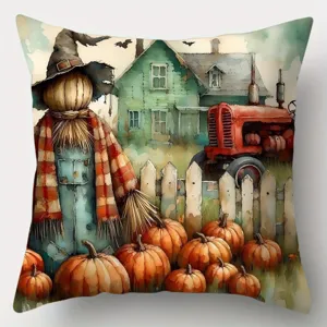 Watercolor autumn scarecrow pumpkin throw pillow cover for rustic Halloween home sofa decor.