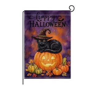Halloween garden flag with black cat and pumpkin design, perfect outdoor yard decoration.