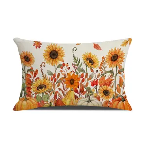 Kissenbezug mit herbstlichem Aquarell-Design, Sonnenblumen, Kürbissen und herbstlichen Blättern.