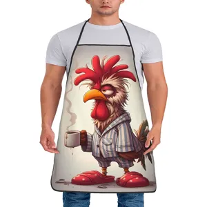 Funny cartoon rooster print kitchen apron, durable fabric, comfortable wear for cooking and baking.