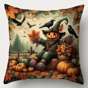 Halloween scarecrow pumpkin throw pillow cover detail, rustic autumn home decor fabric.