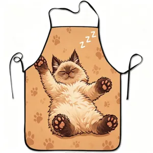Cute cartoon cat print kitchen apron detail, comfortable fabric, perfect for cooking baking tasks.