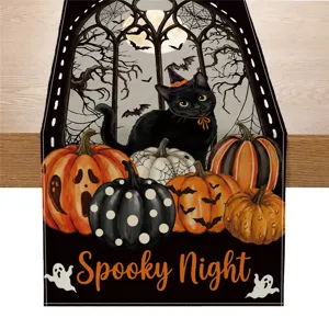 Halloween table runner with black cat and pumpkin print, festive home decor detail