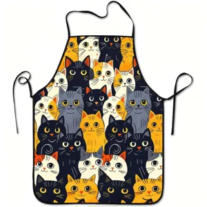 Cute cartoon cat print kitchen apron, sleeveless cooking anti-fouling fabric daily home helper.