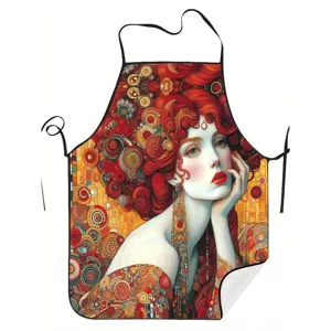 Artistic oil painting style decorative kitchen cooking apron with vivid red hair portrait.