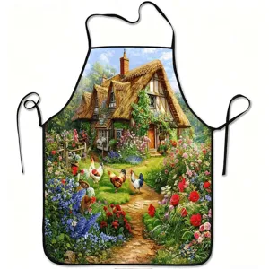 Detail view of cotton kitchen apron featuring vibrant countryside cottage landscape print design.