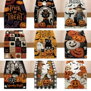 Halloween Table Runner Spooky Black Cat Pumpkin Digital Printed Fabric Tablecloth For Dining Room Party Home Decoration