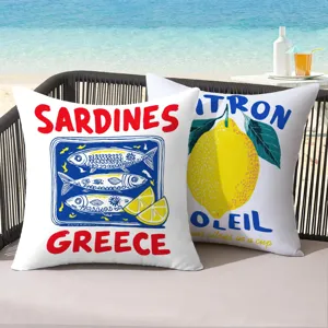Housse de coussin imprimee citron et sardine style ete pour decoration de plage et canape