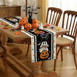 Camino de mesa de Halloween con gato negro, calabaza y fantasma para decoracion festiva