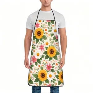 Vintage sunflower floral print kitchen cooking apron with black trim for baking and food prep.