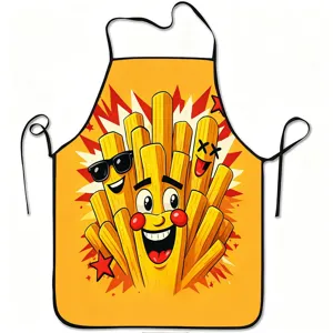 Funny cartoon fries printed kitchen cooking apron, sleeveless polyester fabric, clean design.