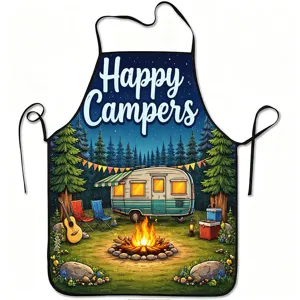 Camping theme print detail on the kitchen apron, featuring a cozy camper van and campfire graphic.