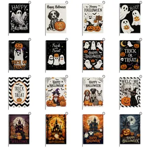 Halloween Garden Flag Double Sided Linen Pumpkin Ghost Outdoor Yard Decorative Banner Waterproof Autumn Holiday Party Decor
