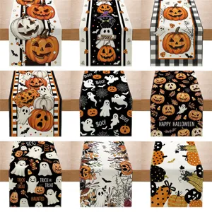 Camino de Mesa de Halloween Mantel de Lino Espeluznante Calabaza Fantasma Murciélago Fiesta Vacaciones Decoración de Mesa de Comedor Decoración Hogar