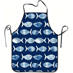 Detailed view of the blue watercolor fish print kitchen apron with neat black binding and straps.