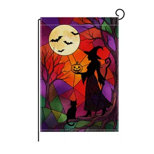 Halloween garden flag stained glass style witch pumpkin black cat double sided outdoor yard banner