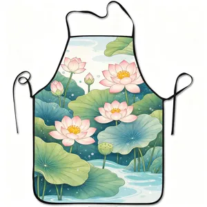 Vintage lotus print kitchen apron with black trim, elegant watercolor floral design cooking bib.