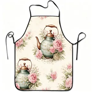 Vintage floral kitchen apron with teapot pattern, sleeveless baking and cooking cloth for home.