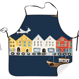 Nordic harbor print kitchen apron detail, watercolor style houses and seagull pattern fabric.