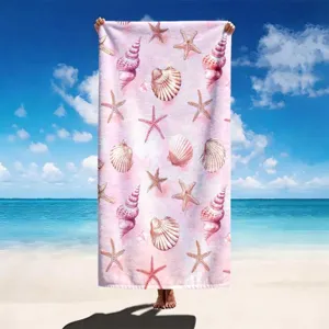 Pink seashell starfish print beach towel, microfiber quick-dry bath towel for summer travel.