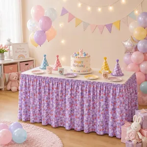 Detaillierte Szene eines lila Blumen-Tischrocks, dekoriert für ein fröhliches Fest.
