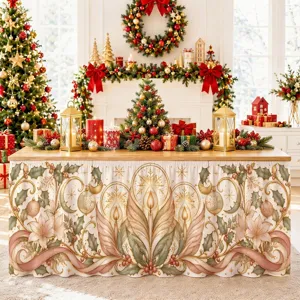 Weihnachtstischrock Detail mit wasserdichtem Stoff und stimmungsvollem Kerzen Print.