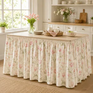 Detailansicht des ländlichen Blumen-Tischrocks mit gerafften Rüschen, ideal für Küchendekor.