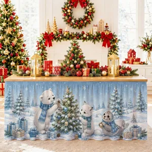 WeihnachtsTischrock Polyester wasserdichte Tischdeko mit Eisbär Tiermotiv für festliche Feier.