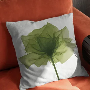 Housse de coussin en mélange de lin avec motif de fleur verte artistique pour salon.