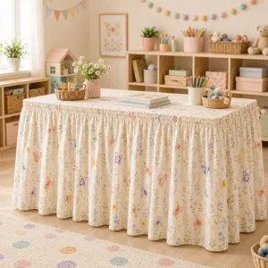 Detailansicht des ländlichen Blümchen-Tischrocks mit Rüschen im gemütlichen Kinderzimmer.