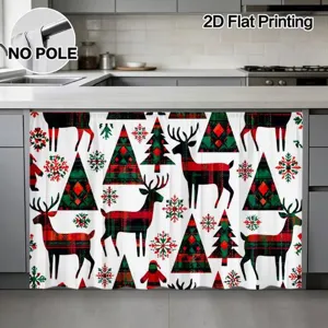 Christmas cabinet curtain detail featuring festive deer trees and red green plaid pattern.