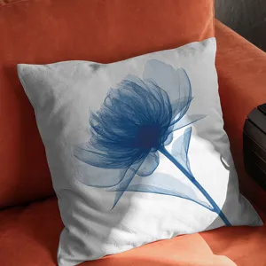 Housse de coussin en coton et lin motif fleur bleue, coussin décoratif moderne pour canapé.