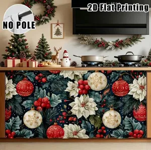 Christmas cabinet curtain detail showing vibrant poinsettia and bauble print design.