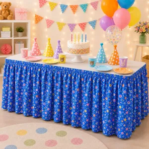 Detailierte Partytisch-Rüschen Szene mit blauem Blumenmuster und festlicher Dekoration.