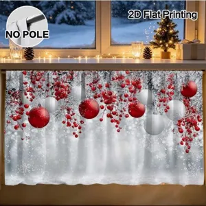 Christmas table skirt valance with red berries and snow pattern, waterproof polyester curtain.