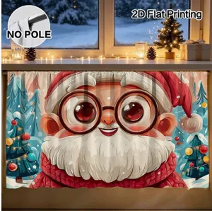 Christmas cabinet curtain detail showing cute Santa Claus design and 2D flat printing features.