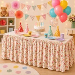 Detailansicht des ländlichen Blumen-Tischrocks, ideal für Partydeko und Heim-Staubschutz.