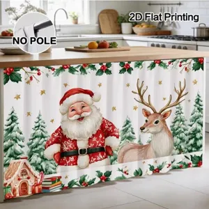 Christmas kitchen cabinet table skirt detail showing Santa Claus and reindeer holiday design.