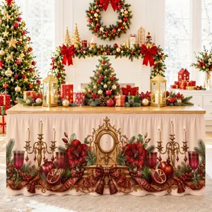 Detailansicht des Weihnachtstischrocks mit klassischen Vintage-Kerzen- und Blumendruck.