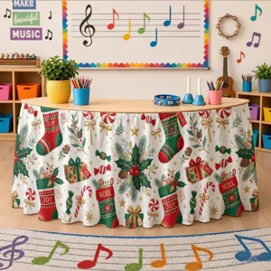 Dettaglio gonna da tavolo natalizia con motivi festivi per decorazioni per feste di Natale.