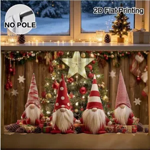 Christmas table skirt and cabinet curtain featuring cute gnomes, polyester material decor.