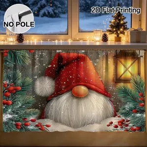 Christmas gnome pattern cabinet curtain detail showing festive holiday window decor view.