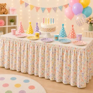 Nahaufnahme des ländlichen Blumen-Tischrocks in Party-Deko, schöne Wohnaccessoires.